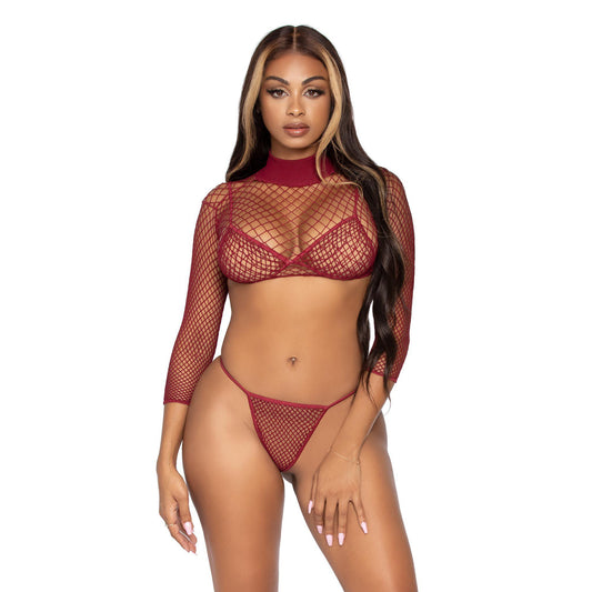 3 Pc Industrial Net Bikini Top G-String and Long  Sleeved Crop Top - One Size - Burgundy