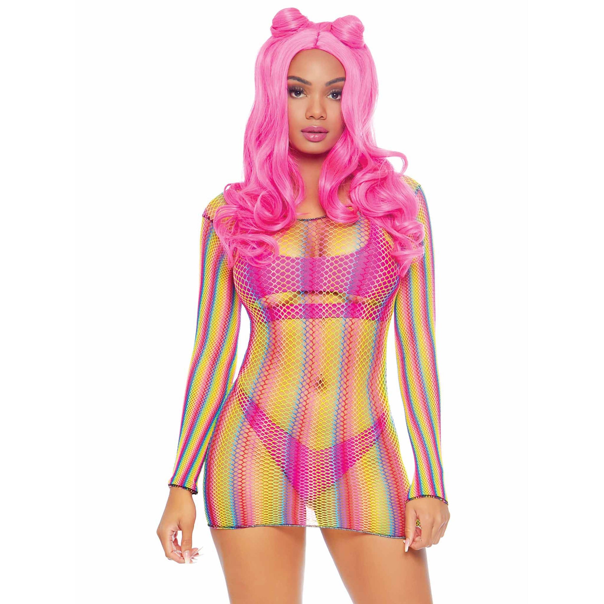 Rainbow Fishnet Long Sleeved Mini Dress - One Size - Rainbow