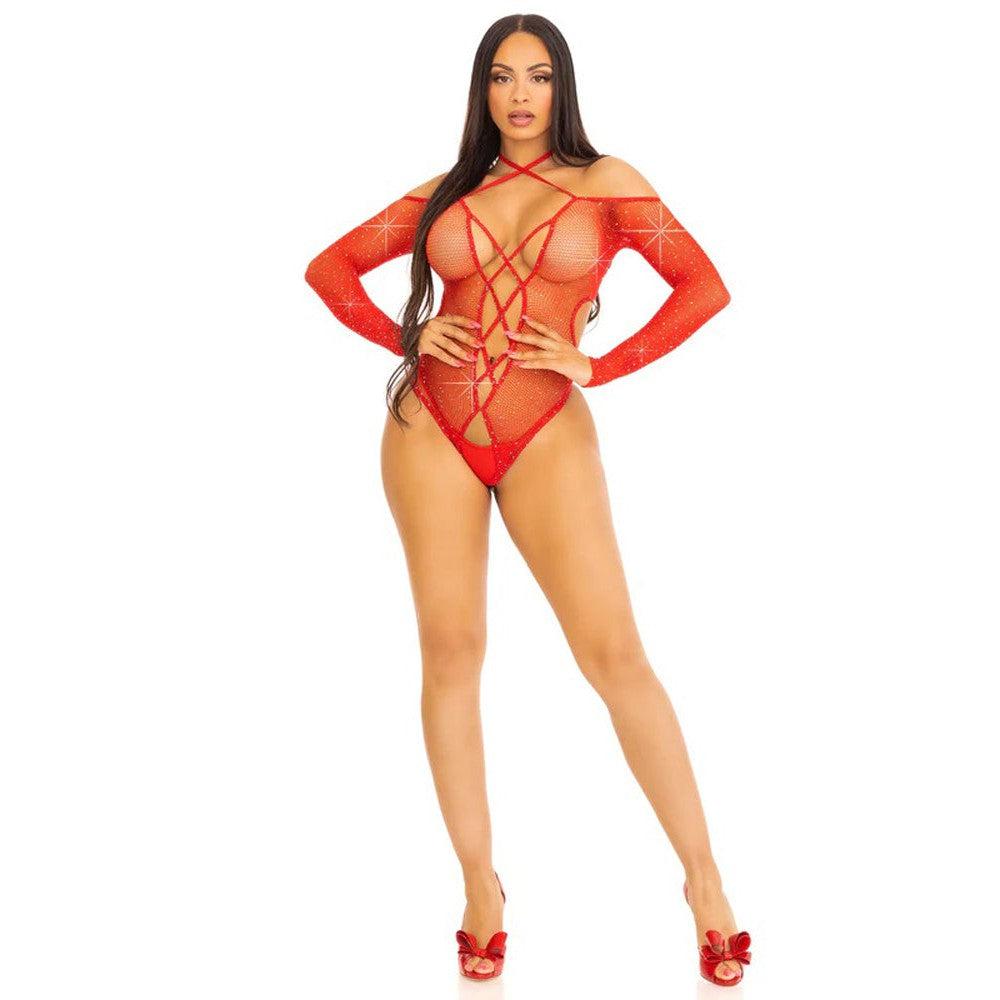 Say My Name Rhinestone Crotchless Teddy - One Size - Red