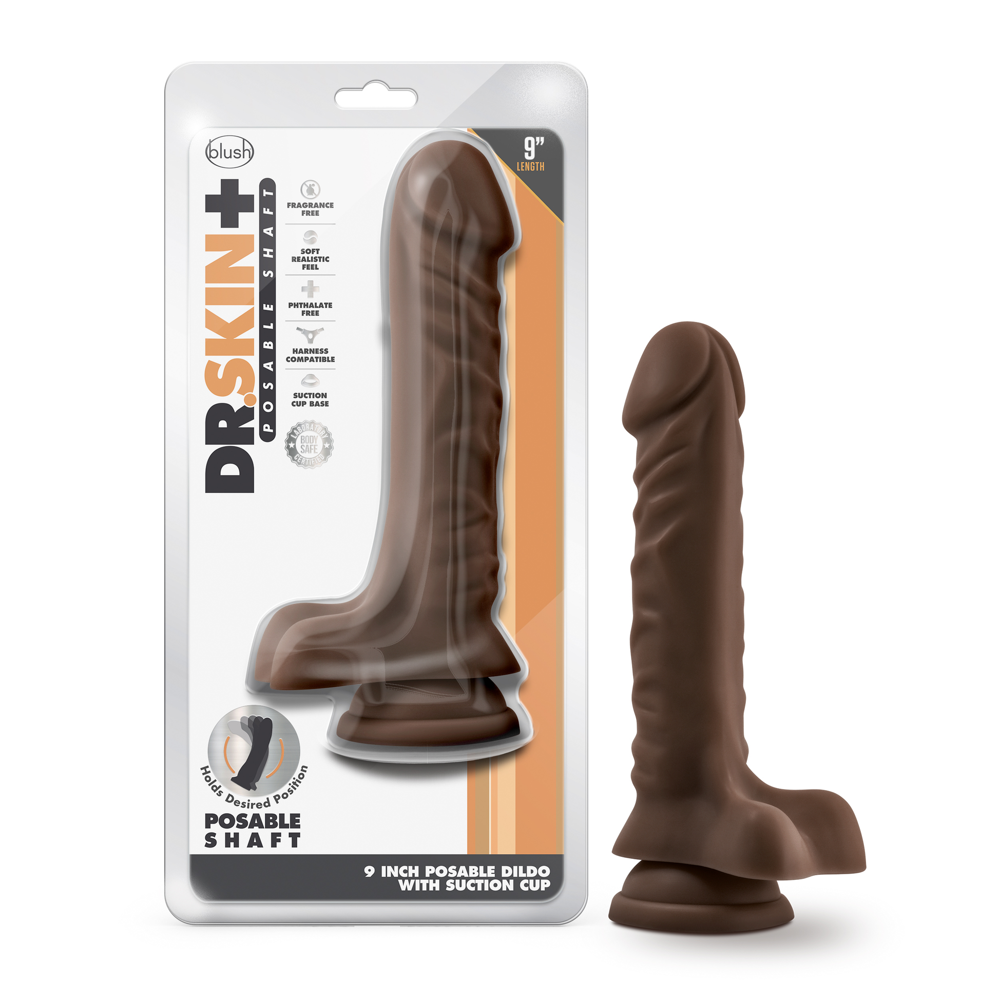 Dr. Skin Plus - 9 Inch Posable Dildo With Balls  - Chocolate