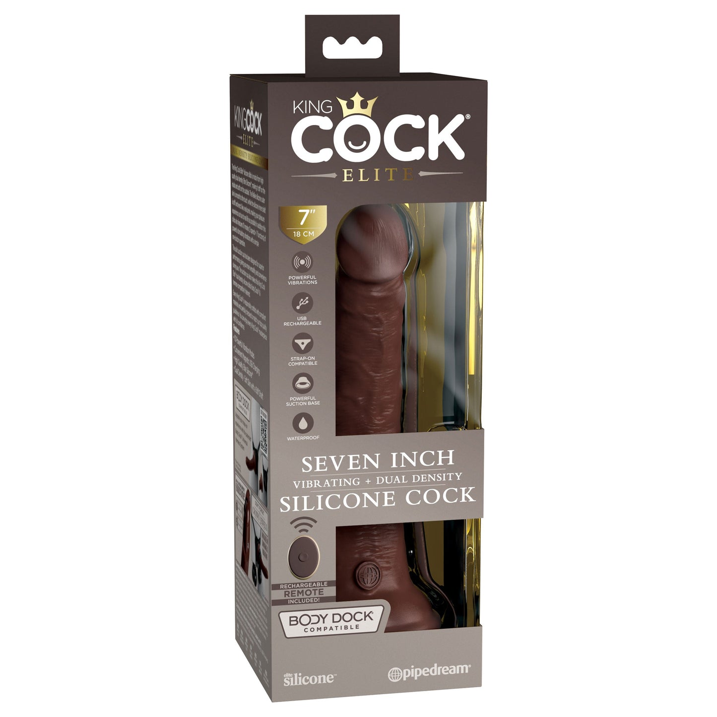 King Cock Elite 7 Inch Vibrating Silicone Dual  Silicone Dual Density Cock With Remote - Brown