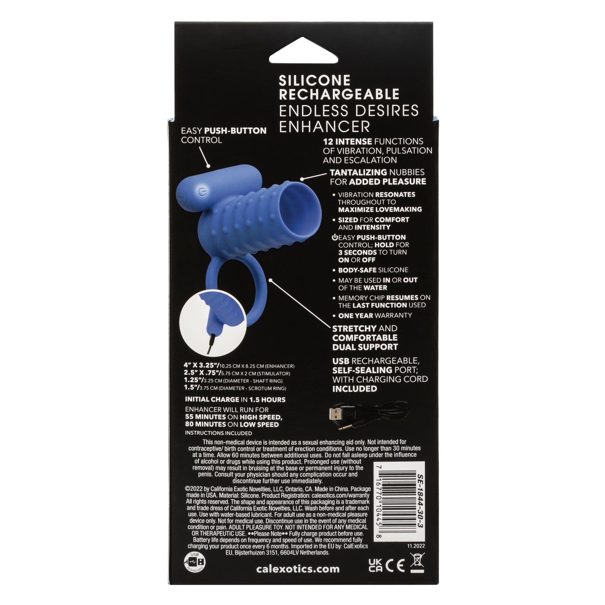 Silicone Rechargeable Endless Desires Enhancer -  Blue