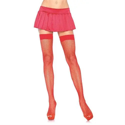 Fishnet Thigh High - One Size - Red