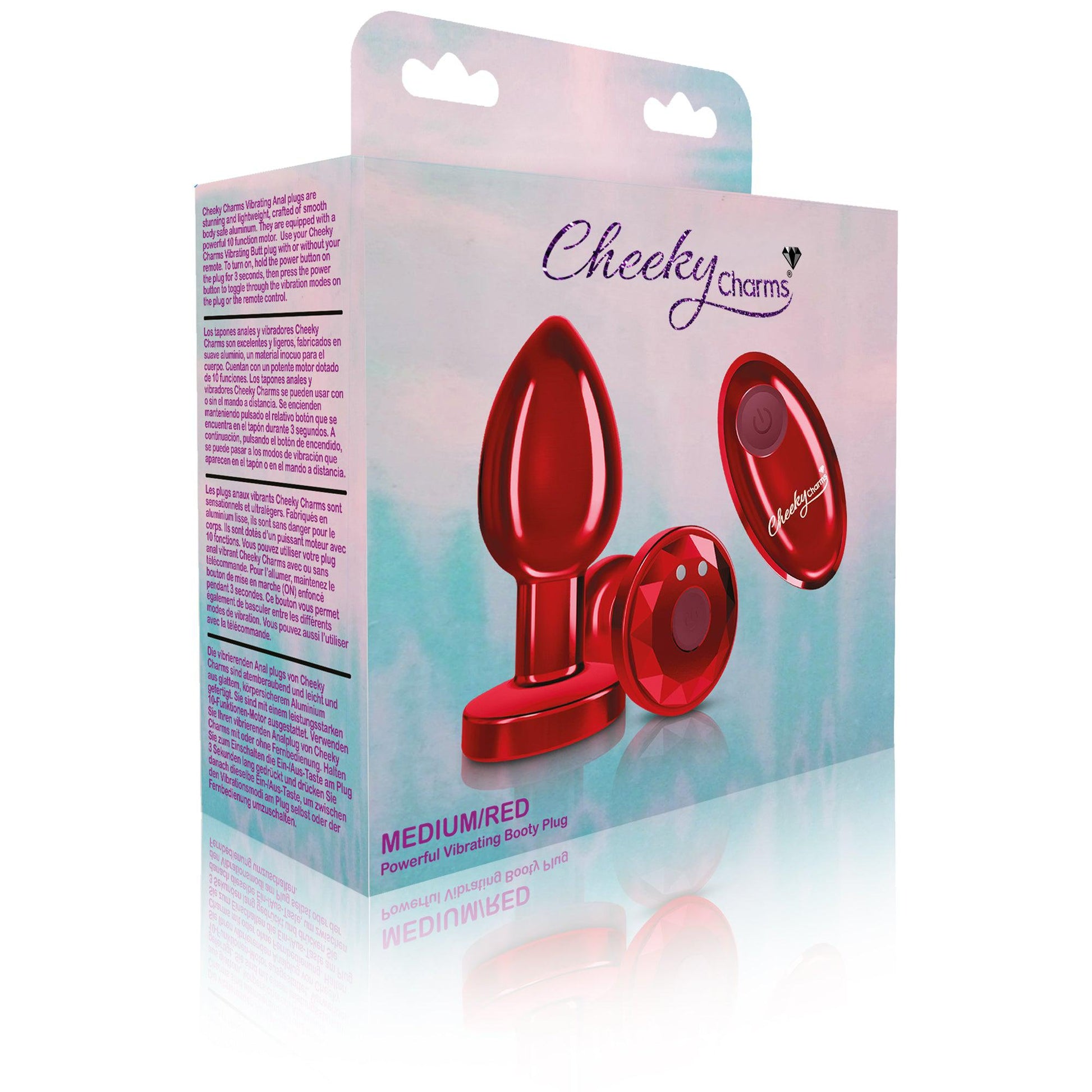 Cheeky Charms - Rechargeable Vibrating Metal Butt  Plug With Remote Control - Red - Medium
