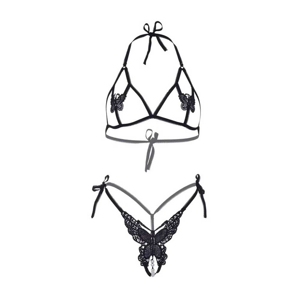 Butterfly Bra and Panty Set - One Size - Black