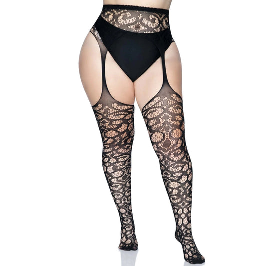Scroll Lace Stocking With Attached Garter Belt -  1x/2x - Black