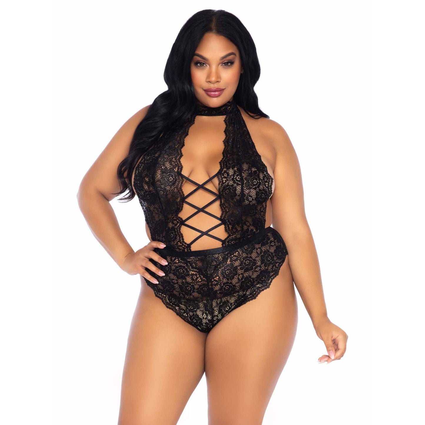 Floral Lace Crotchless Teddy - 1x/2x - Black