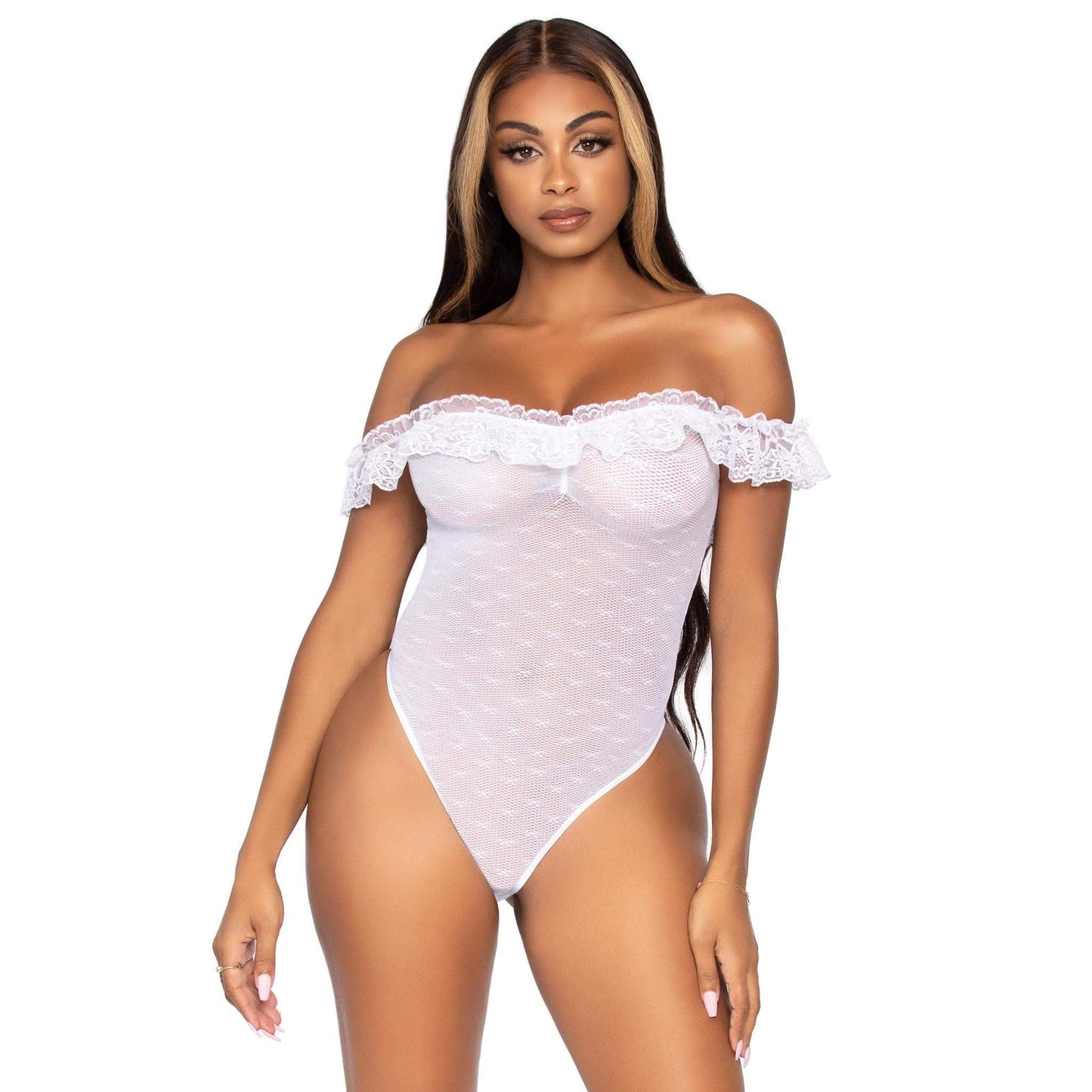 Lace Ruffle Snap Crotch Teddy - One Size - White
