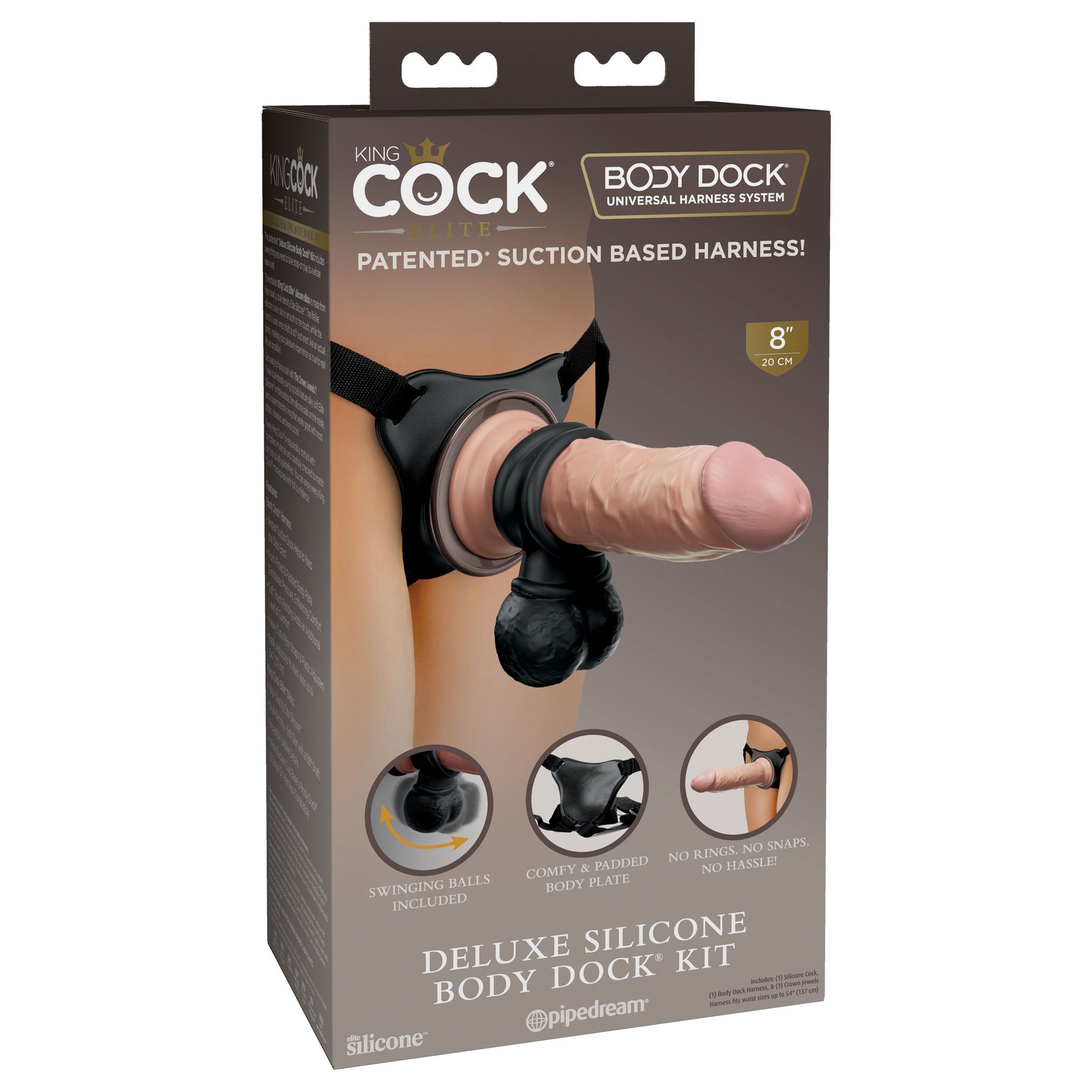 King Cock Elite Deluxe Silicone Body Dock  Kit  -  Harness and 8 Inch Dildo - Light