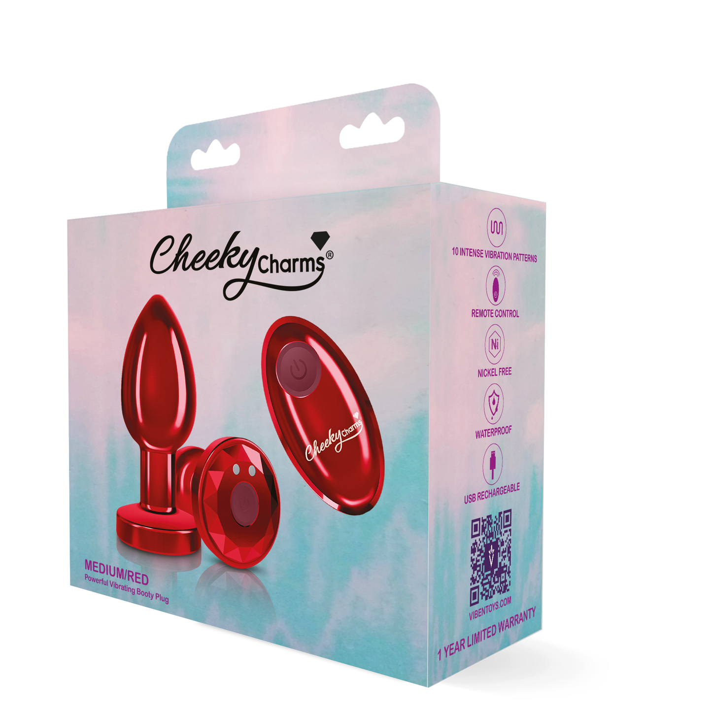 Cheeky Charms - Rechargeable Vibrating Metal Butt Plug With Remote Control - Red - Small