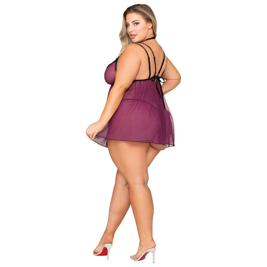 Babydoll and Open Crotch G-String - Queen Size -  Mulberry