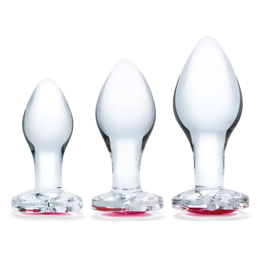 3 Pc Heart Jewel Glass Anal Training Kit -  Clear/pink