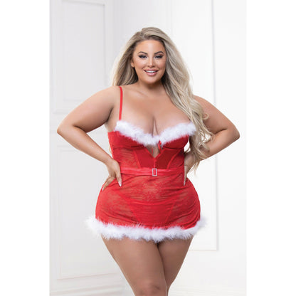 Two Piece Lace and Stretch Satin Chemise With Marabou Trim and G-String Set - 3x/4x - Red