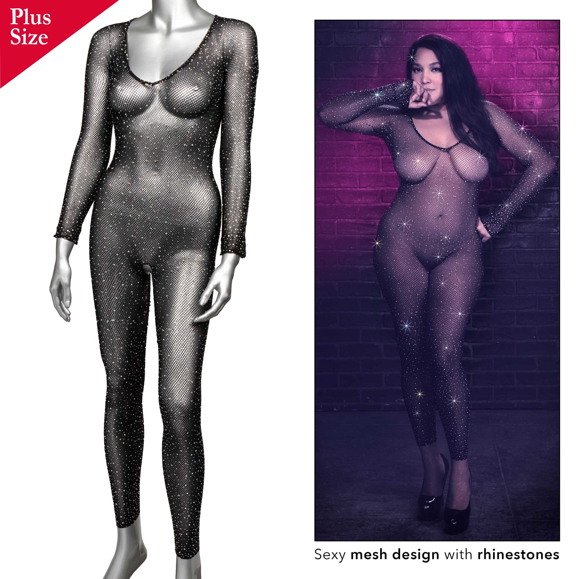 Radiance Crotchless Full Body Suit - Queen - Black
